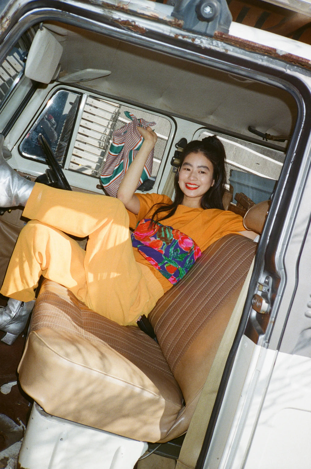 風呂敷〈オレンジ×緑〉｜wanonuno （ブッチャー／70cm角・両面プリント）